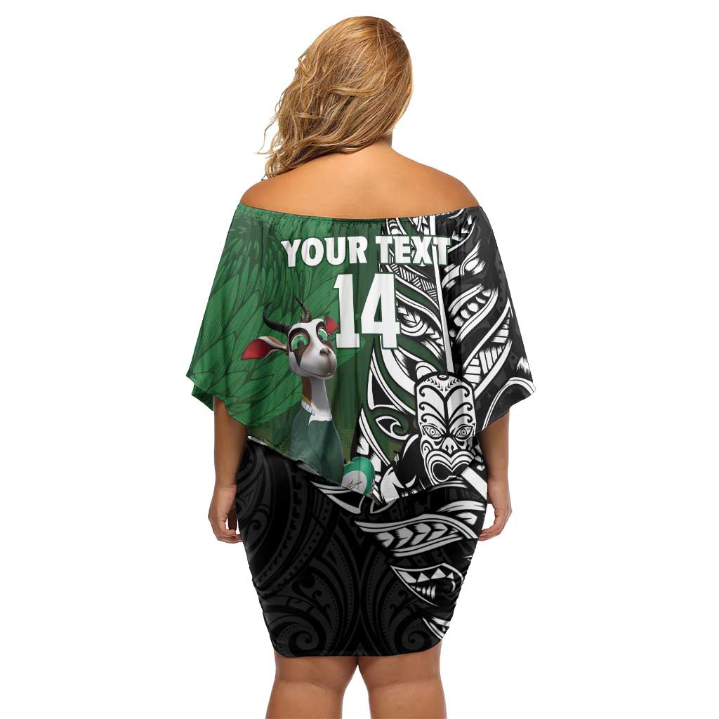 New Zealand and South Africa Rugby Custom Off Shoulder Short Dress Maori Tiki Fern Springboks Kente Pattern LT14 - Polynesian Pride