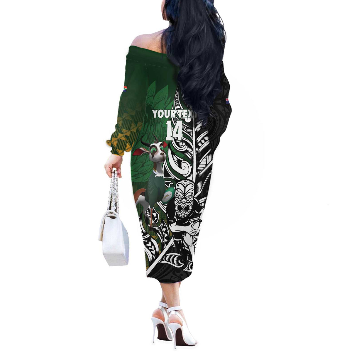New Zealand and South Africa Rugby Custom Off The Shoulder Long Sleeve Dress Maori Tiki Fern Springboks Kente Pattern LT14 - Polynesian Pride