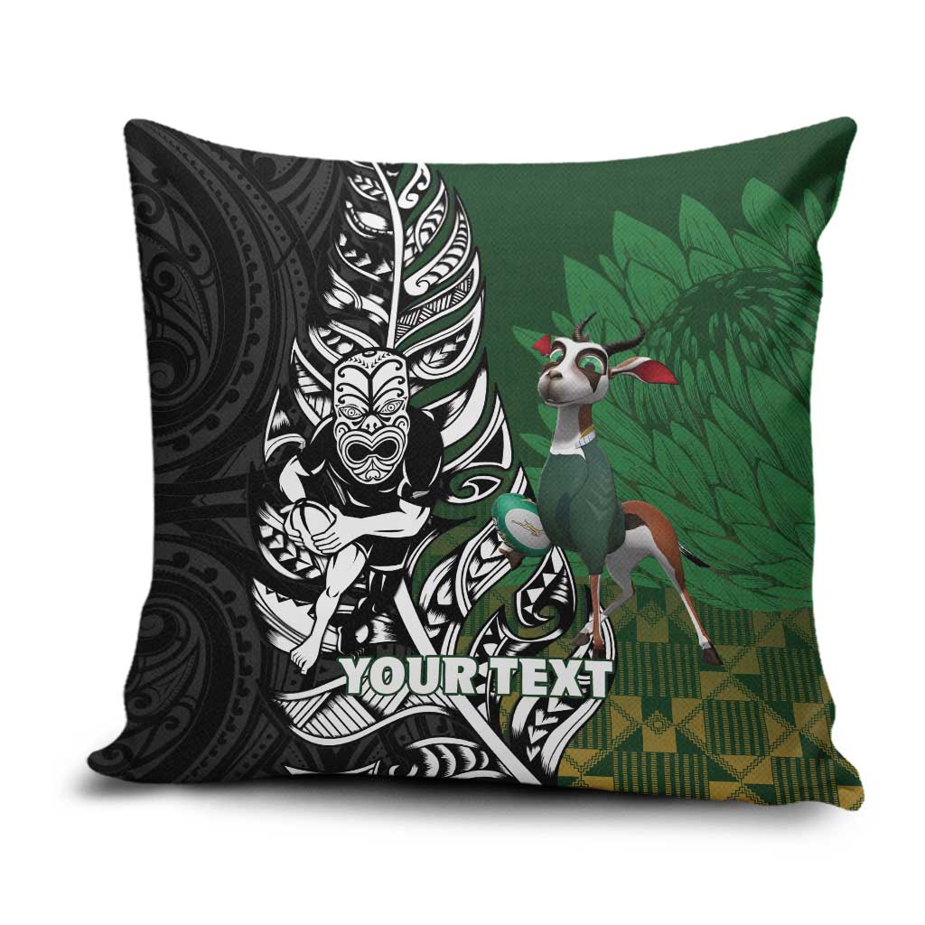 New Zealand and South Africa Rugby Custom Pillow Cover Maori Tiki Fern Springboks Kente Pattern - Polynesian Pride