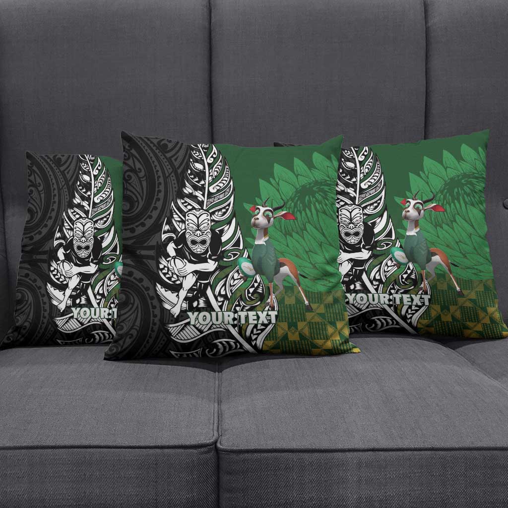 New Zealand and South Africa Rugby Custom Pillow Cover Maori Tiki Fern Springboks Kente Pattern - Polynesian Pride