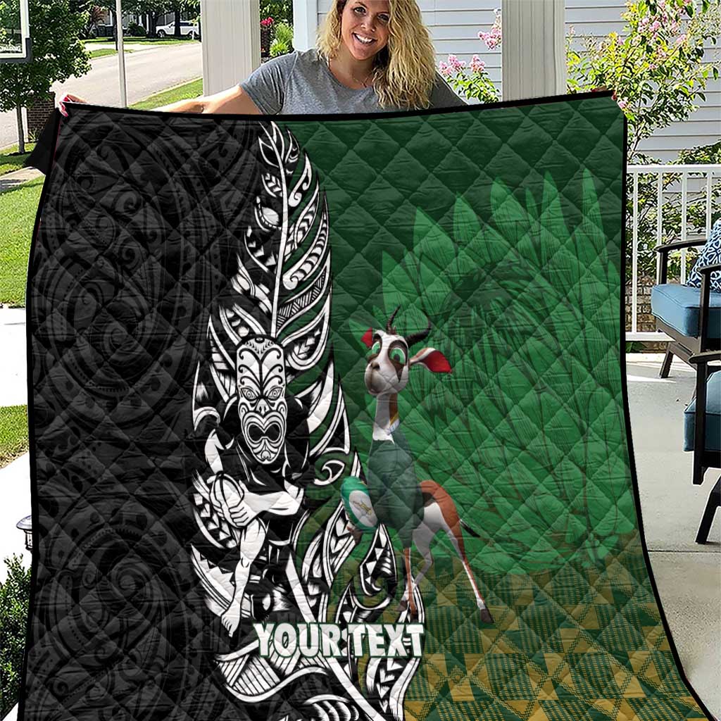 New Zealand and South Africa Rugby Custom Quilt Maori Tiki Fern Springboks Kente Pattern - Polynesian Pride