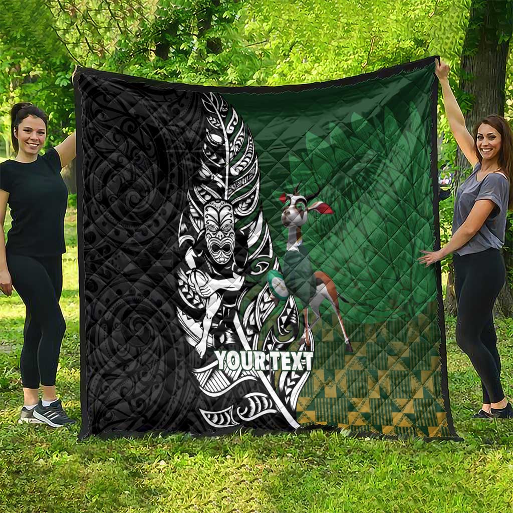 New Zealand and South Africa Rugby Custom Quilt Maori Tiki Fern Springboks Kente Pattern - Polynesian Pride