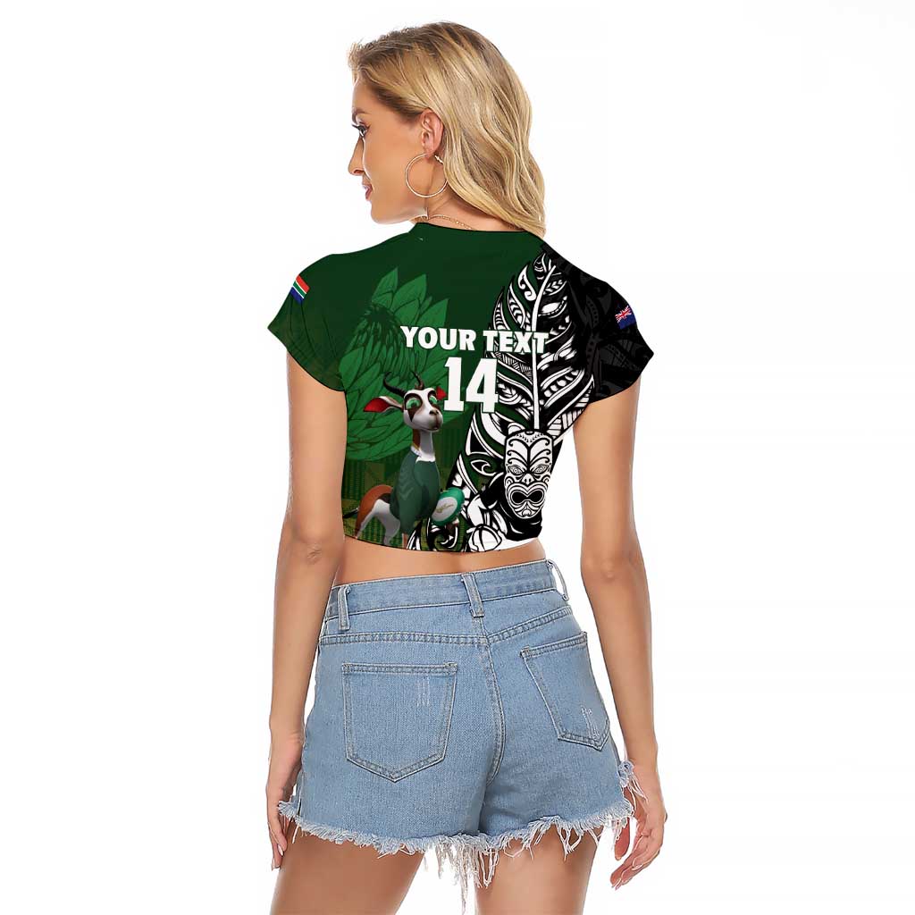 New Zealand and South Africa Rugby Custom Raglan Cropped T Shirt Maori Tiki Fern Springboks Kente Pattern LT14 - Polynesian Pride