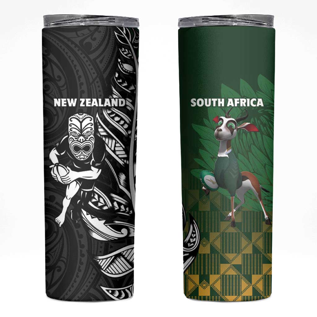 New Zealand and South Africa Rugby Skinny Tumbler Maori Tiki Fern Springboks Kente Pattern LT14 Green - Polynesian Pride