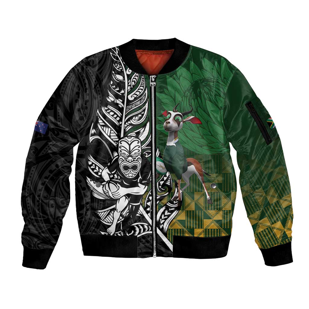 New Zealand and South Africa Rugby Custom Sleeve Zip Bomber Jacket Maori Tiki Fern Springboks Kente Pattern - Polynesian Pride