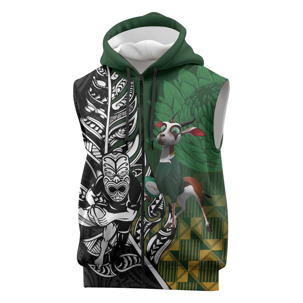 New Zealand and South Africa Rugby Custom Sleeveless Zip Hoodie Maori Tiki Fern Springboks Kente Pattern LT14 Green - Polynesian Pride