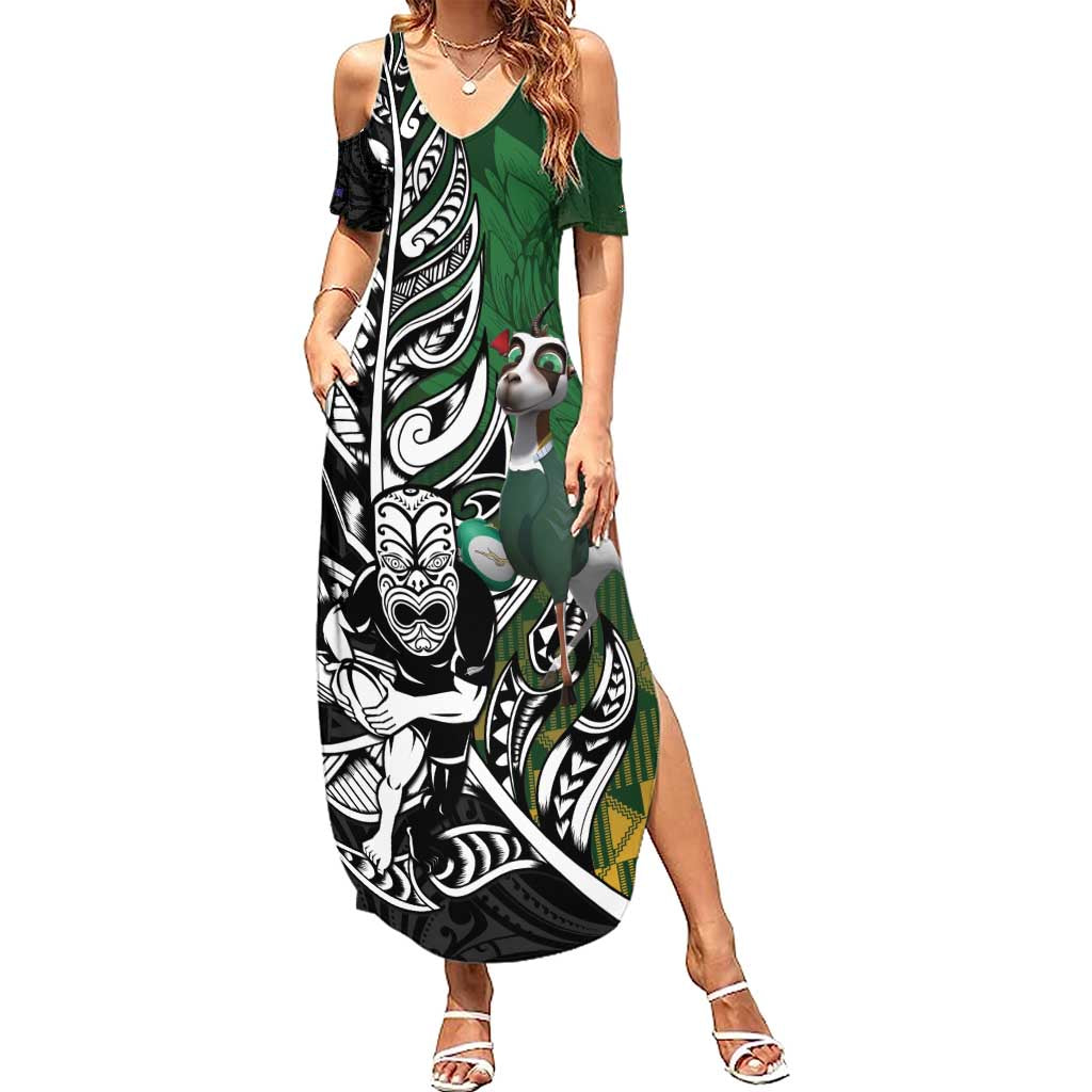 New Zealand and South Africa Rugby Custom Summer Maxi Dress Maori Tiki Fern Springboks Kente Pattern LT14 Women Green - Polynesian Pride
