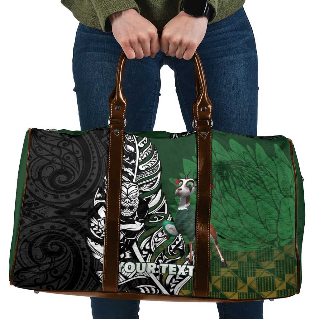New Zealand and South Africa Rugby Custom Travel Bag Maori Tiki Fern Springboks Kente Pattern LT14 Green - Polynesian Pride