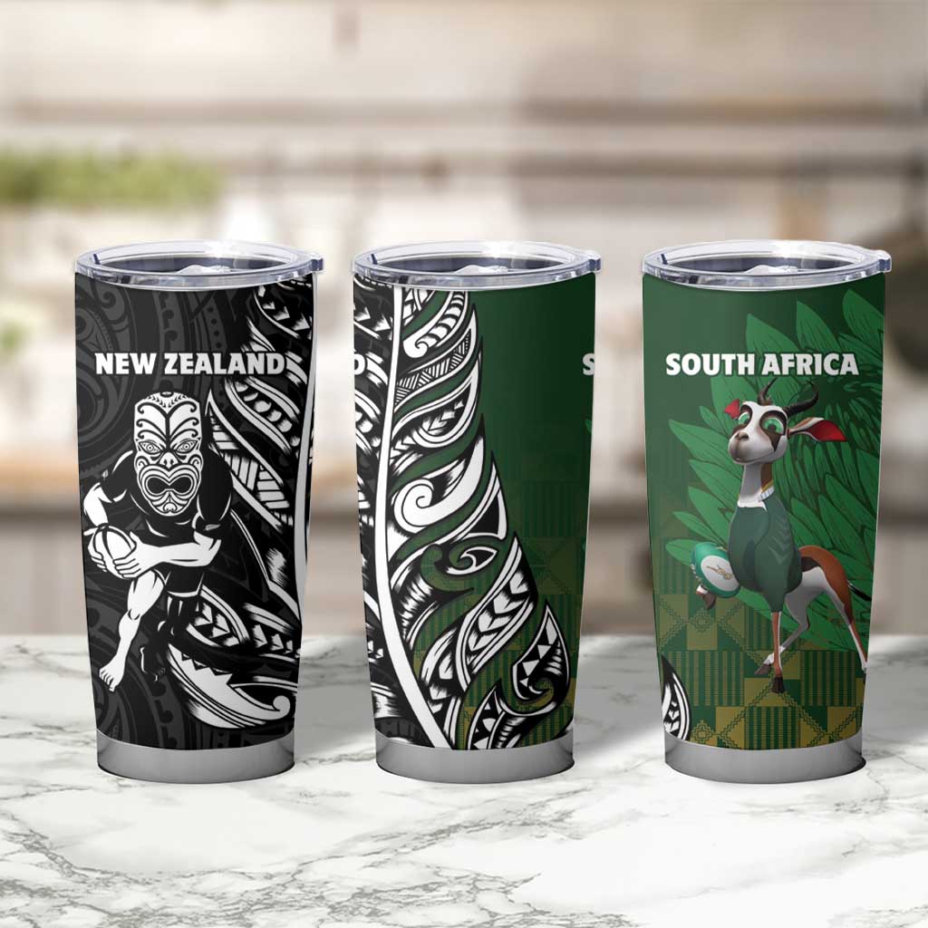 New Zealand and South Africa Rugby Tumbler Cup Maori Tiki Fern Springboks Kente Pattern LT14 - Polynesian Pride