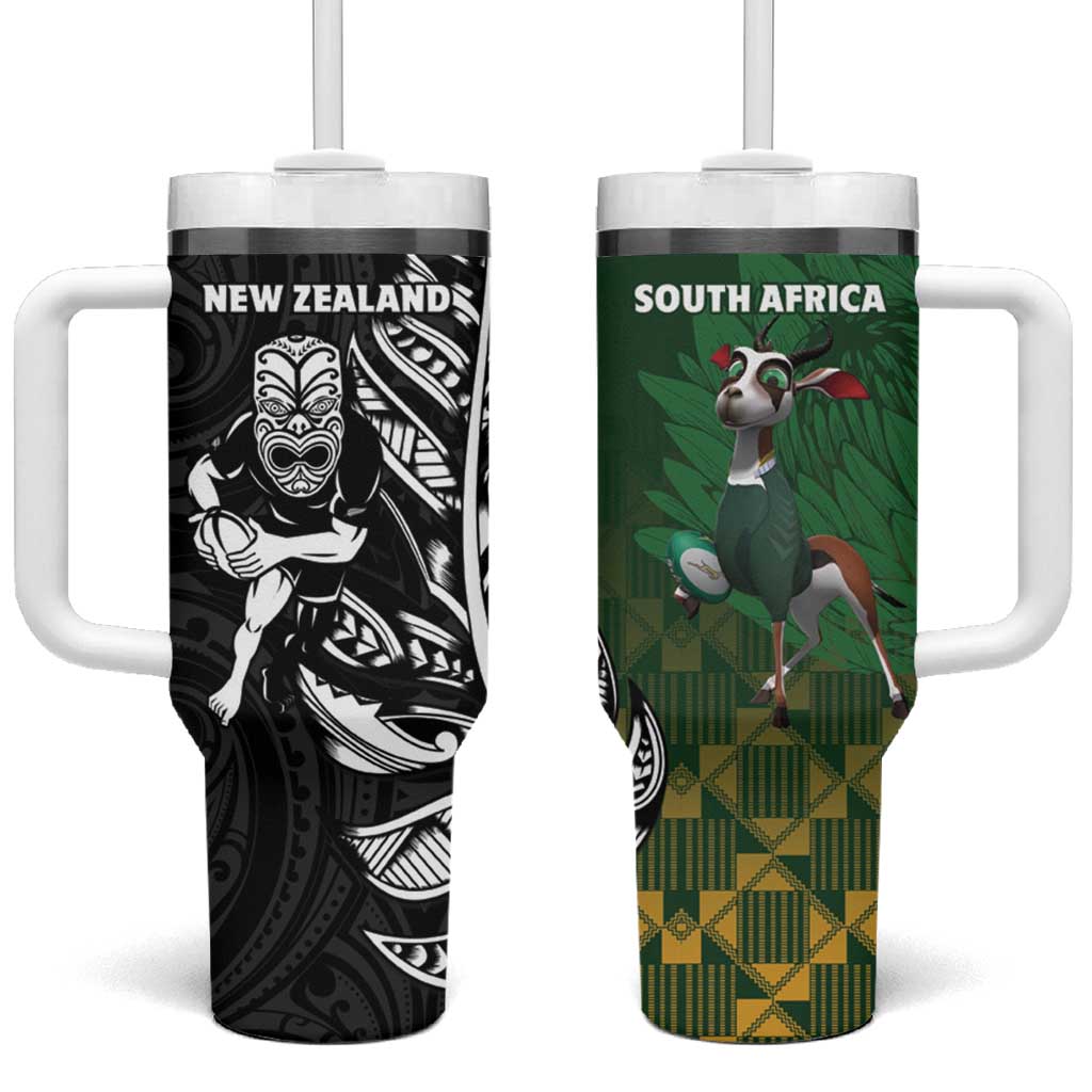 New Zealand and South Africa Rugby Tumbler With Handle Maori Tiki Fern Springboks Kente Pattern LT14 One Size: 40 oz Green - Polynesian Pride