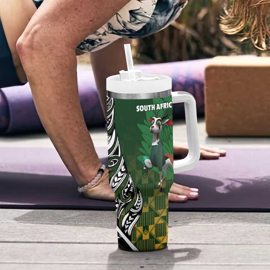 New Zealand and South Africa Rugby Tumbler With Handle Maori Tiki Fern Springboks Kente Pattern LT14 - Polynesian Pride