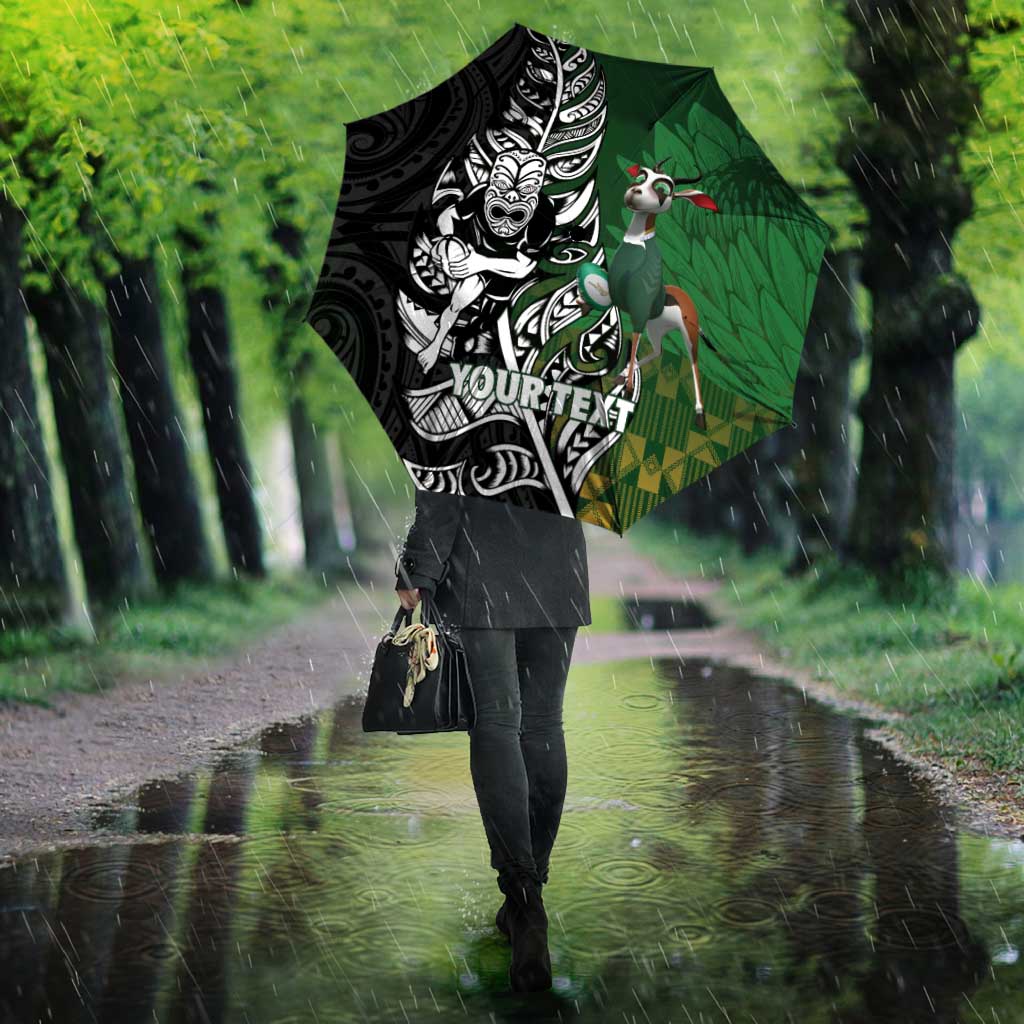 New Zealand and South Africa Rugby Custom Umbrella Maori Tiki Fern Springboks Kente Pattern - Polynesian Pride