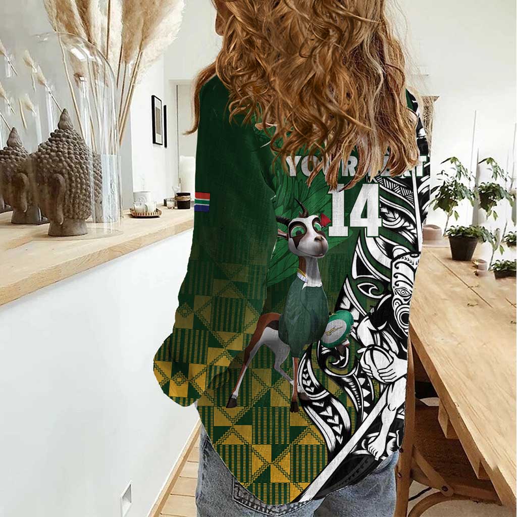 New Zealand and South Africa Rugby Custom Women Casual Shirt Maori Tiki Fern Springboks Kente Pattern LT14 - Polynesian Pride