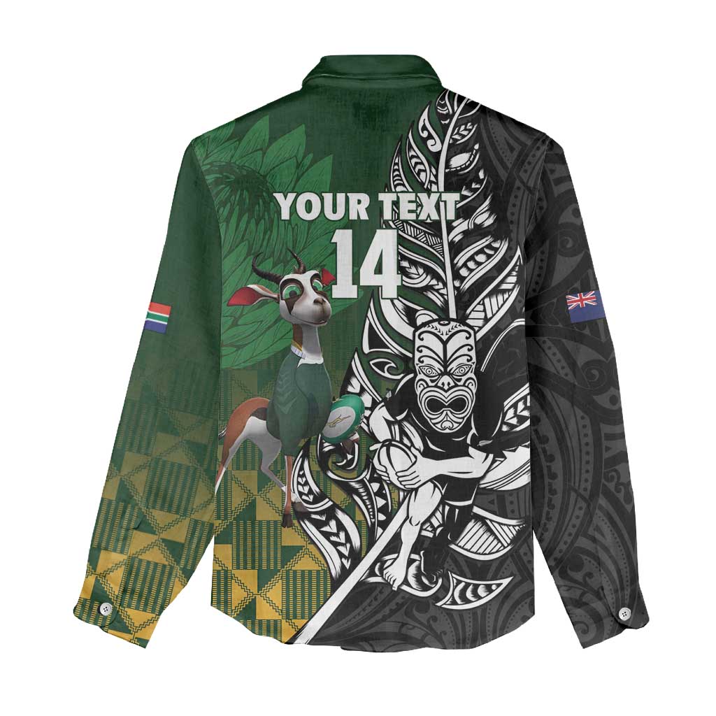 New Zealand and South Africa Rugby Custom Women Casual Shirt Maori Tiki Fern Springboks Kente Pattern LT14 - Polynesian Pride