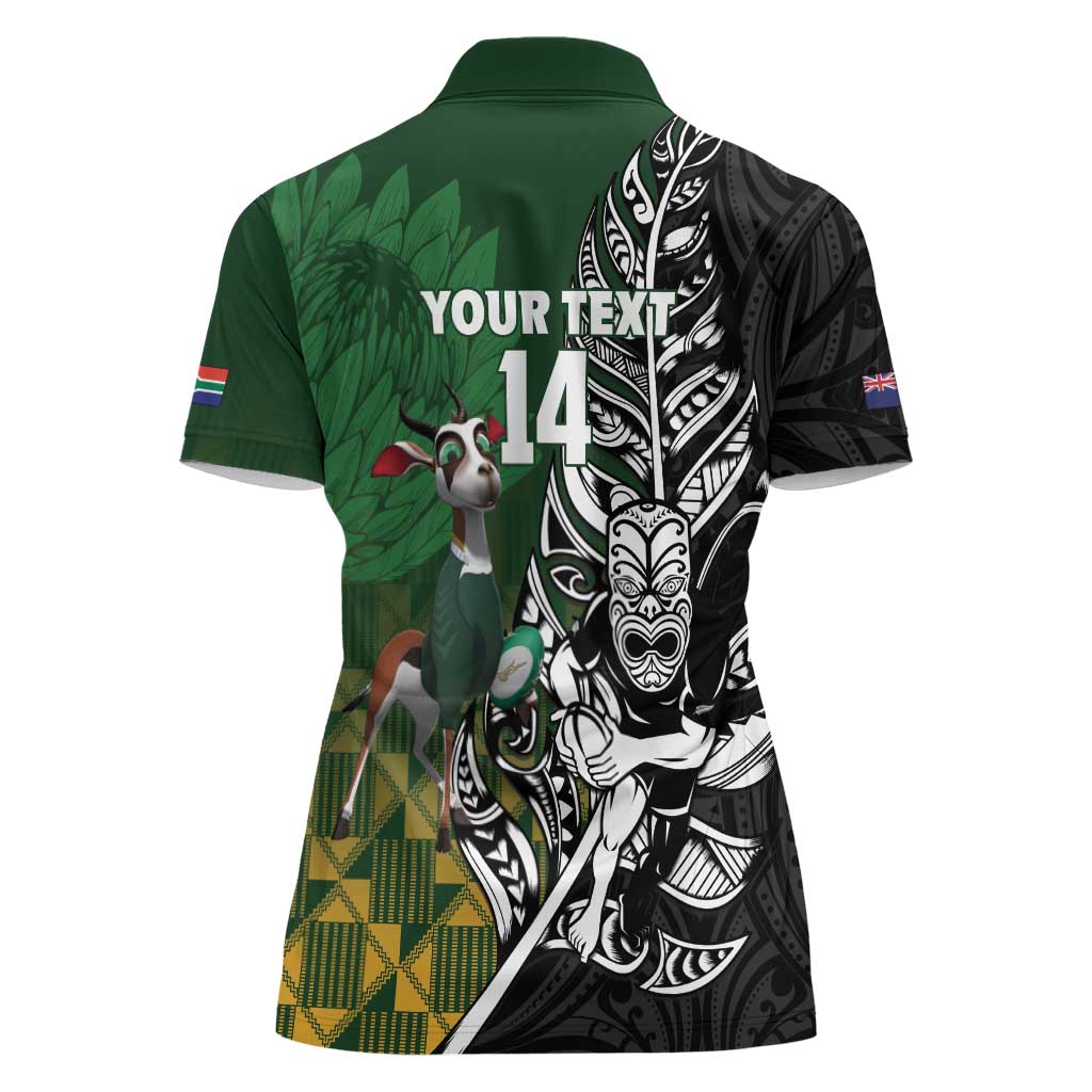 New Zealand and South Africa Rugby Custom Women Polo Shirt Maori Tiki Fern Springboks Kente Pattern LT14 - Polynesian Pride