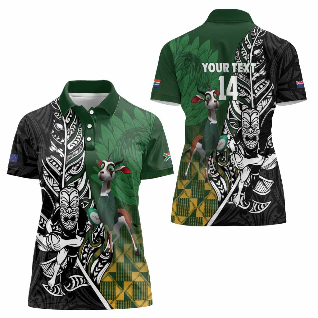 New Zealand and South Africa Rugby Custom Women Polo Shirt Maori Tiki Fern Springboks Kente Pattern LT14 - Polynesian Pride