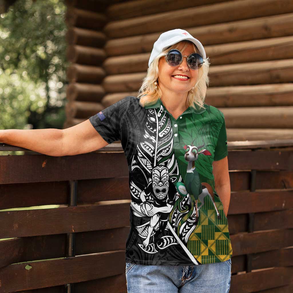 New Zealand and South Africa Rugby Custom Women Polo Shirt Maori Tiki Fern Springboks Kente Pattern LT14 - Polynesian Pride