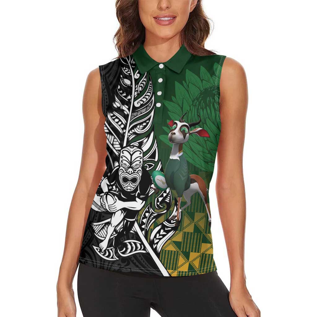 New Zealand and South Africa Rugby Custom Women Sleeveless Polo Shirt Maori Tiki Fern Springboks Kente Pattern LT14 - Polynesian Pride