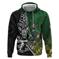 New Zealand and South Africa Rugby Custom Zip Hoodie Maori Tiki Fern Springboks Kente Pattern LT14 Pullover Hoodie Green - Polynesian Pride
