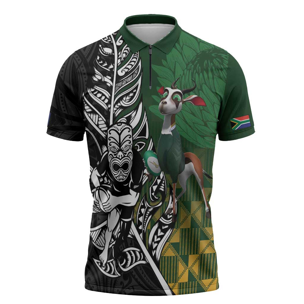 New Zealand and South Africa Rugby Custom Zipper Polo Shirt Maori Tiki Fern Springboks Kente Pattern LT14 Green - Polynesian Pride