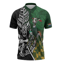 New Zealand and South Africa Rugby Custom Zipper Polo Shirt Maori Tiki Fern Springboks Kente Pattern LT14 Green - Polynesian Pride