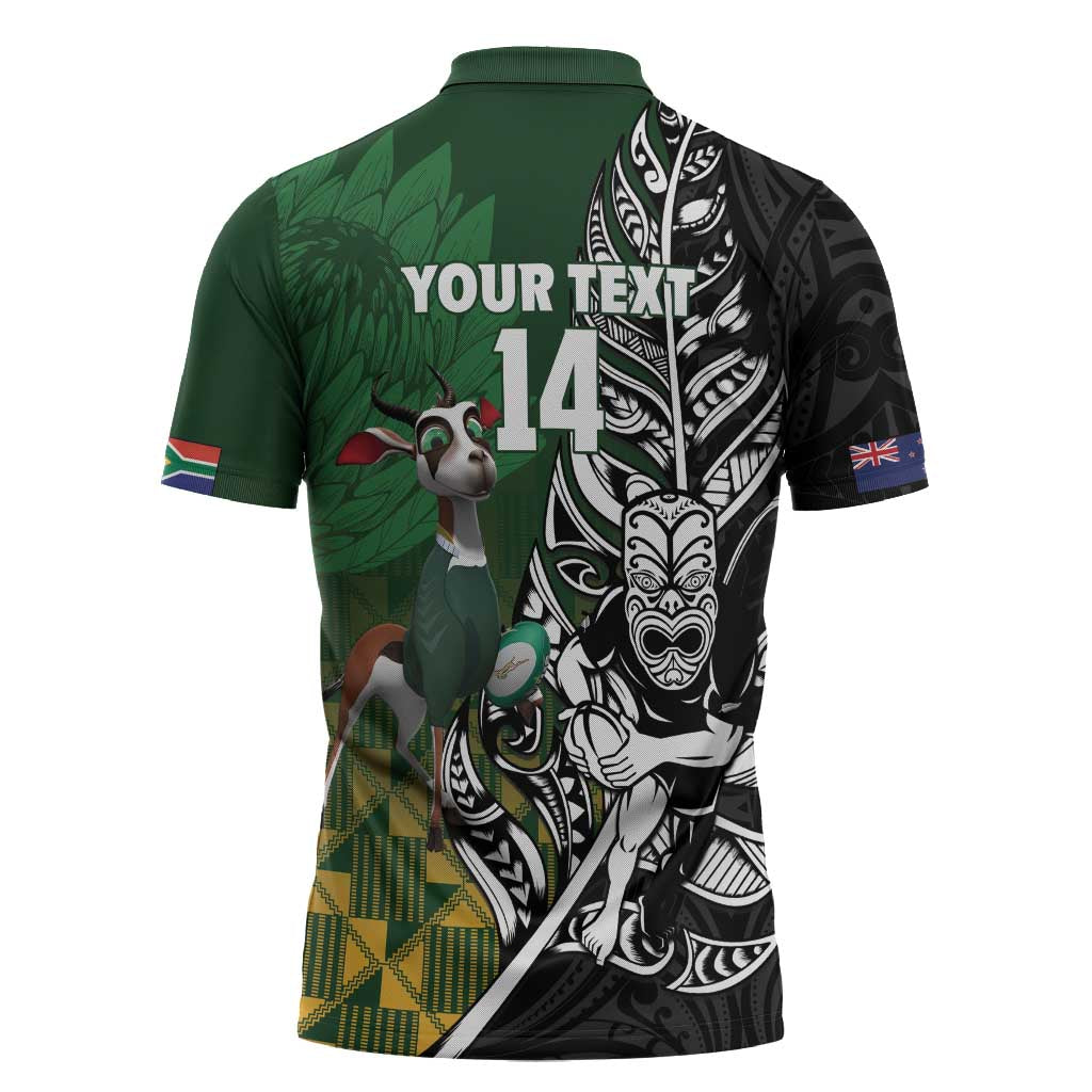 New Zealand and South Africa Rugby Custom Zipper Polo Shirt Maori Tiki Fern Springboks Kente Pattern LT14 - Polynesian Pride