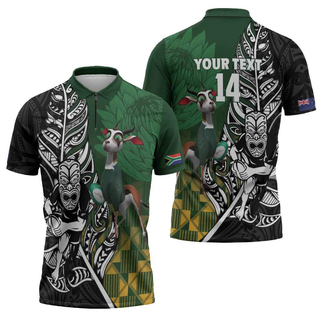 New Zealand and South Africa Rugby Custom Zipper Polo Shirt Maori Tiki Fern Springboks Kente Pattern LT14 - Polynesian Pride