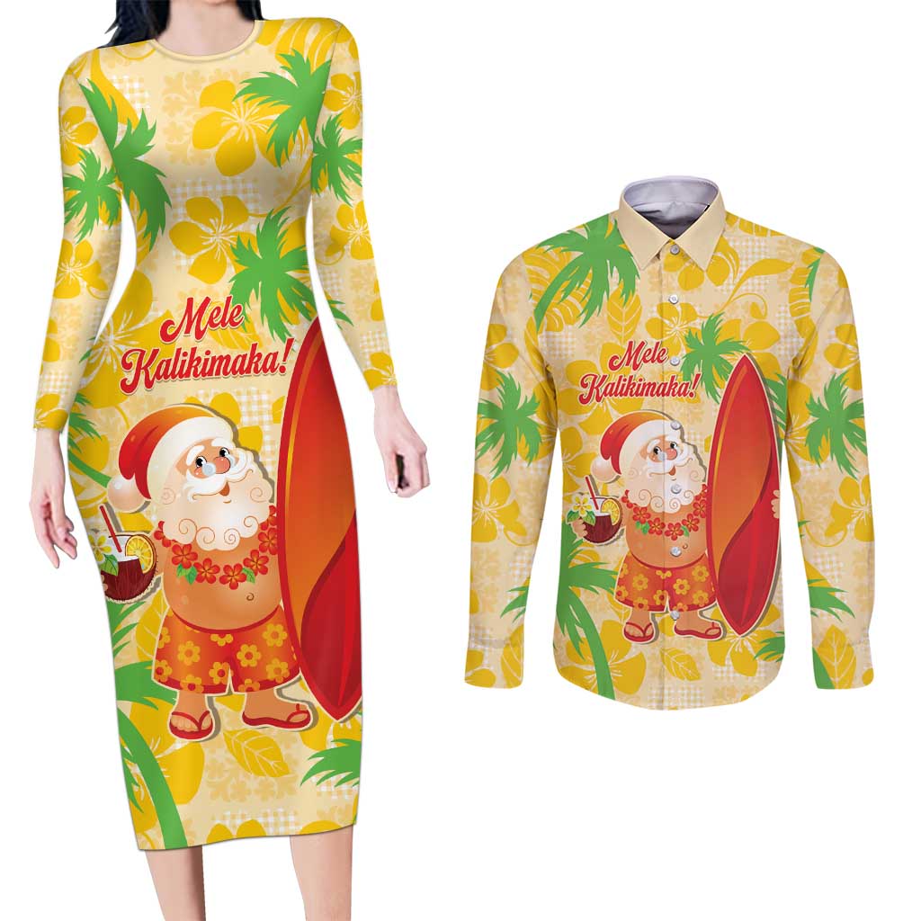 Aloha Hawaii Christmas Couples Matching Long Sleeve Bodycon Dress and Long Sleeve Button Shirt Mele Kalikimaka Funny Santa Palaka Quilt Motifs LT14 Yellow - Polynesian Pride