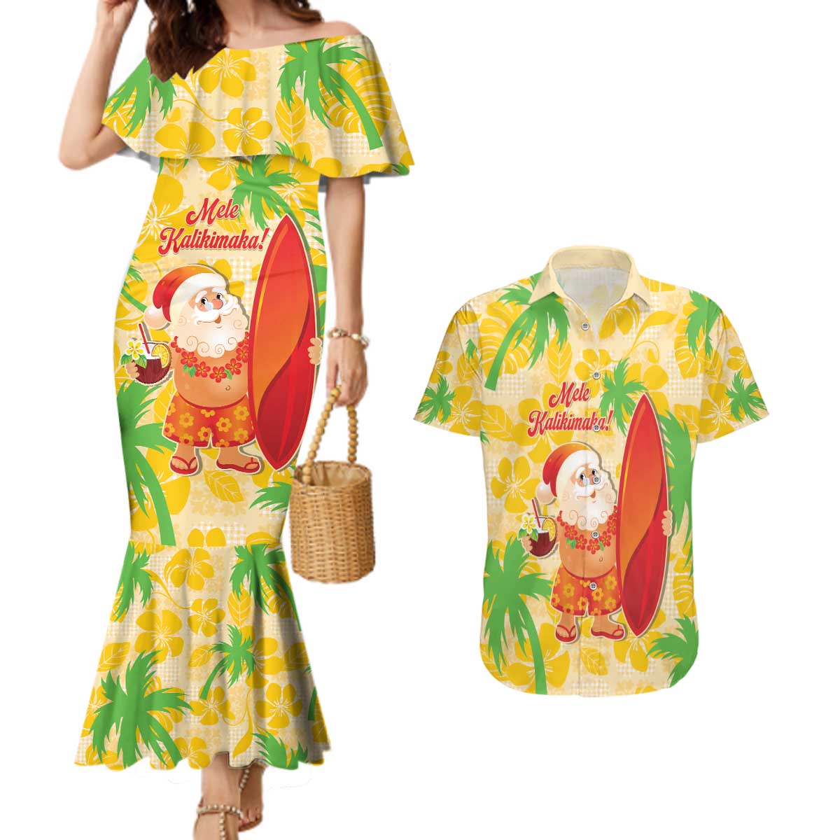 Aloha Hawaii Christmas Couples Matching Mermaid Dress and Hawaiian Shirt Mele Kalikimaka Funny Santa Palaka Quilt Motifs LT14 Yellow - Polynesian Pride