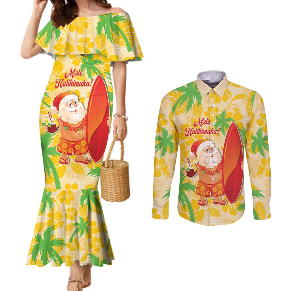Aloha Hawaii Christmas Couples Matching Mermaid Dress and Long Sleeve Button Shirt Mele Kalikimaka Funny Santa Palaka Quilt Motifs LT14 Yellow - Polynesian Pride