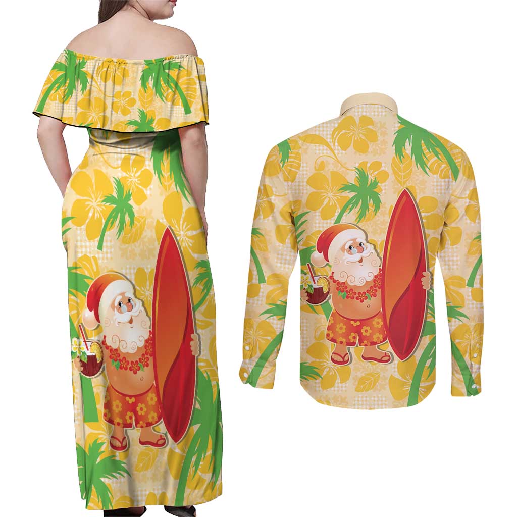 Aloha Hawaii Christmas Couples Matching Off Shoulder Maxi Dress and Long Sleeve Button Shirt Mele Kalikimaka Funny Santa Palaka Quilt Motifs LT14 - Polynesian Pride