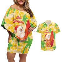 Aloha Hawaii Christmas Couples Matching Off Shoulder Short Dress and Hawaiian Shirt Mele Kalikimaka Funny Santa Palaka Quilt Motifs LT14 Yellow - Polynesian Pride
