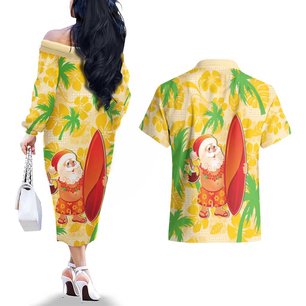 Aloha Hawaii Christmas Couples Matching Off The Shoulder Long Sleeve Dress and Hawaiian Shirt Mele Kalikimaka Funny Santa Palaka Quilt Motifs LT14 - Polynesian Pride