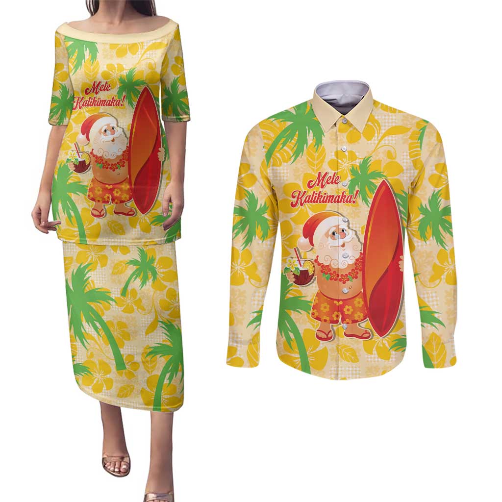 Aloha Hawaii Christmas Couples Matching Puletasi and Long Sleeve Button Shirt Mele Kalikimaka Funny Santa Palaka Quilt Motifs LT14 Yellow - Polynesian Pride