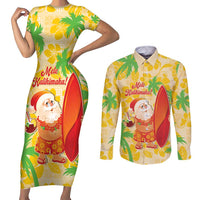 Aloha Hawaii Christmas Couples Matching Short Sleeve Bodycon Dress and Long Sleeve Button Shirt Mele Kalikimaka Funny Santa Palaka Quilt Motifs LT14 Yellow - Polynesian Pride