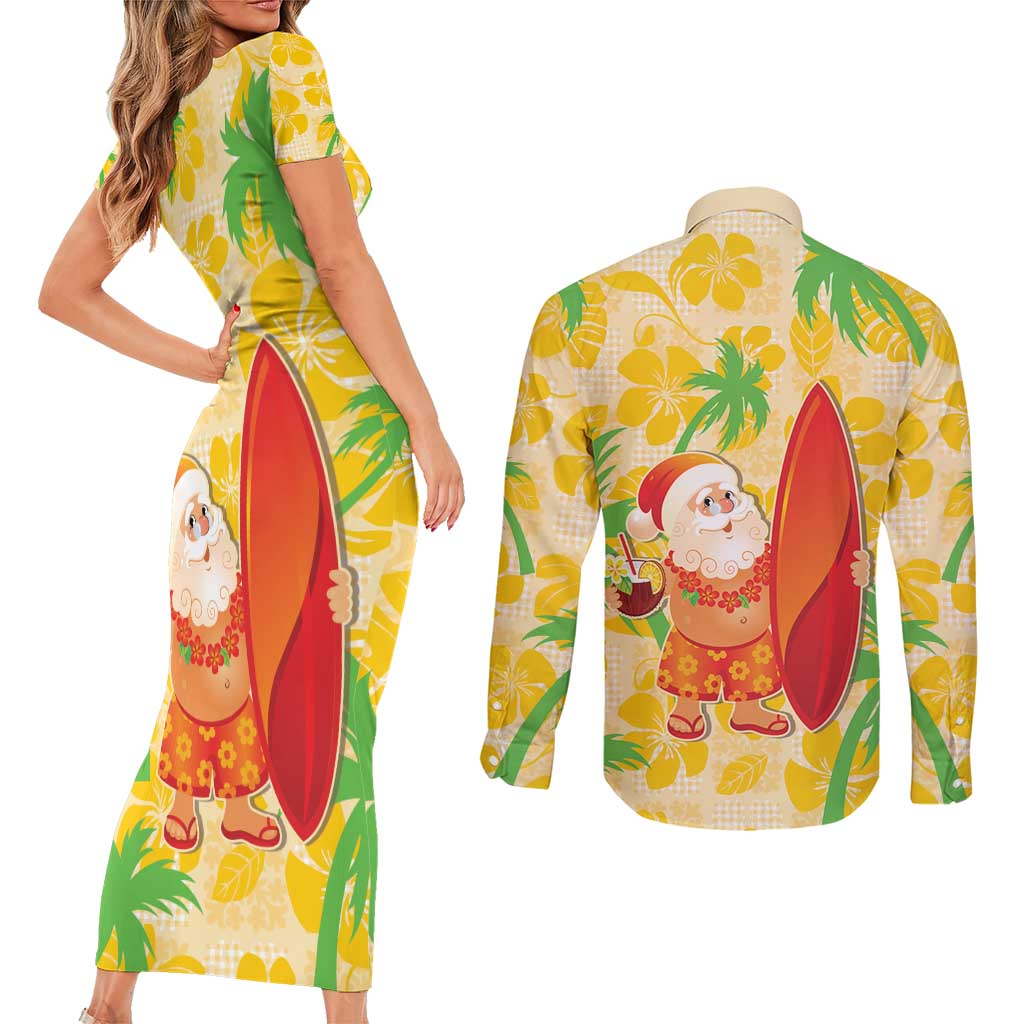 Aloha Hawaii Christmas Couples Matching Short Sleeve Bodycon Dress and Long Sleeve Button Shirt Mele Kalikimaka Funny Santa Palaka Quilt Motifs LT14 - Polynesian Pride