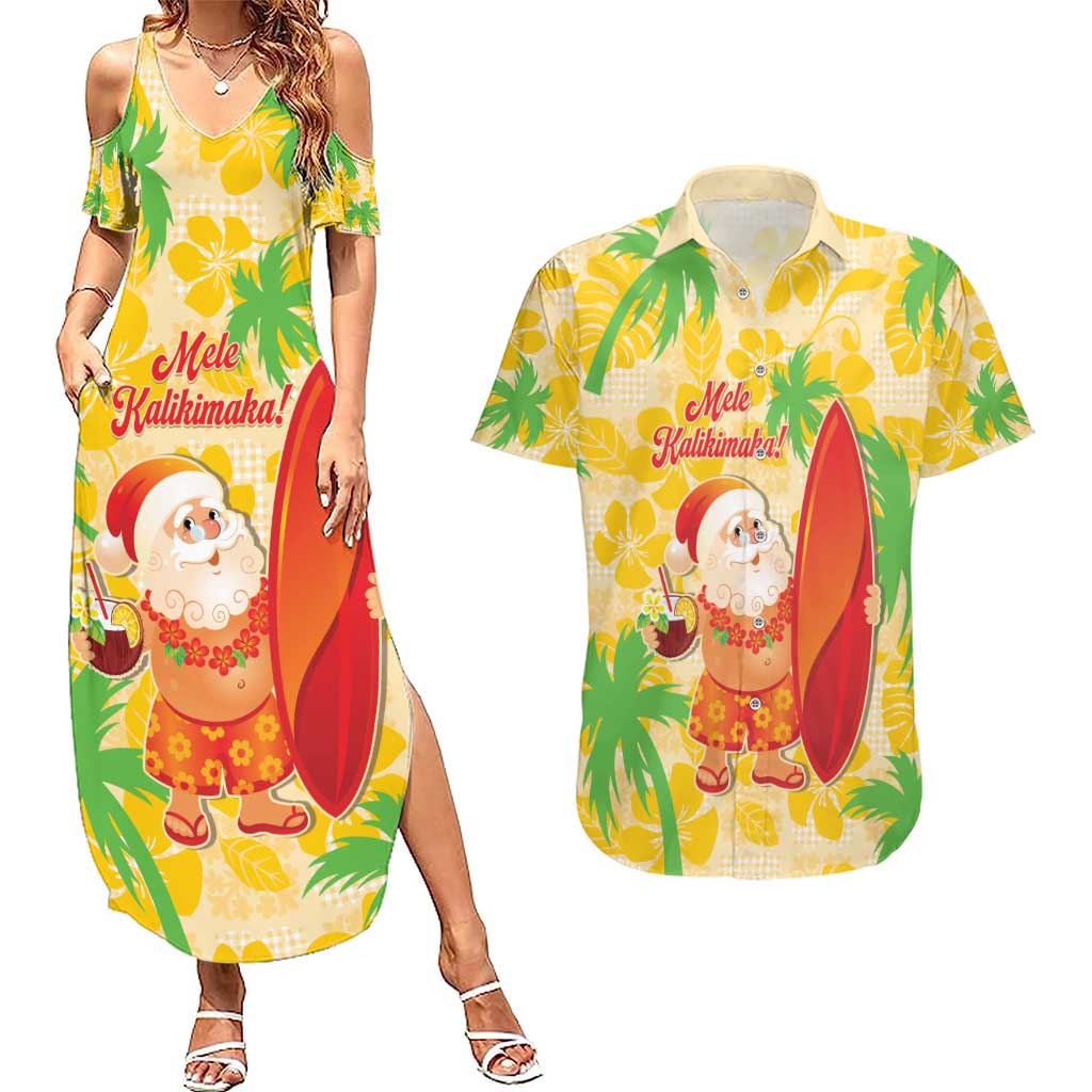 Aloha Hawaii Christmas Couples Matching Summer Maxi Dress and Hawaiian Shirt Mele Kalikimaka Funny Santa Palaka Quilt Motifs LT14 Yellow - Polynesian Pride