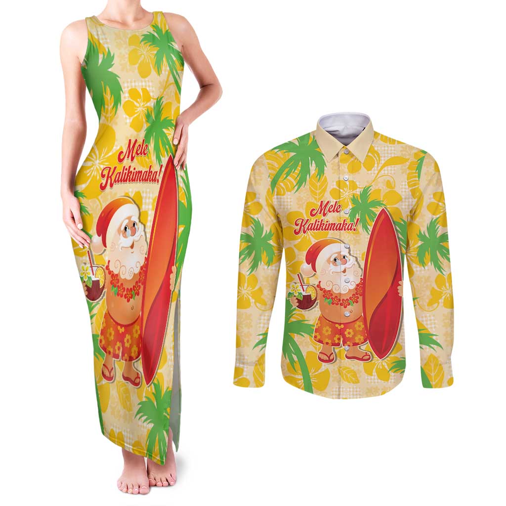 Aloha Hawaii Christmas Couples Matching Tank Maxi Dress and Long Sleeve Button Shirt Mele Kalikimaka Funny Santa Palaka Quilt Motifs LT14 Yellow - Polynesian Pride