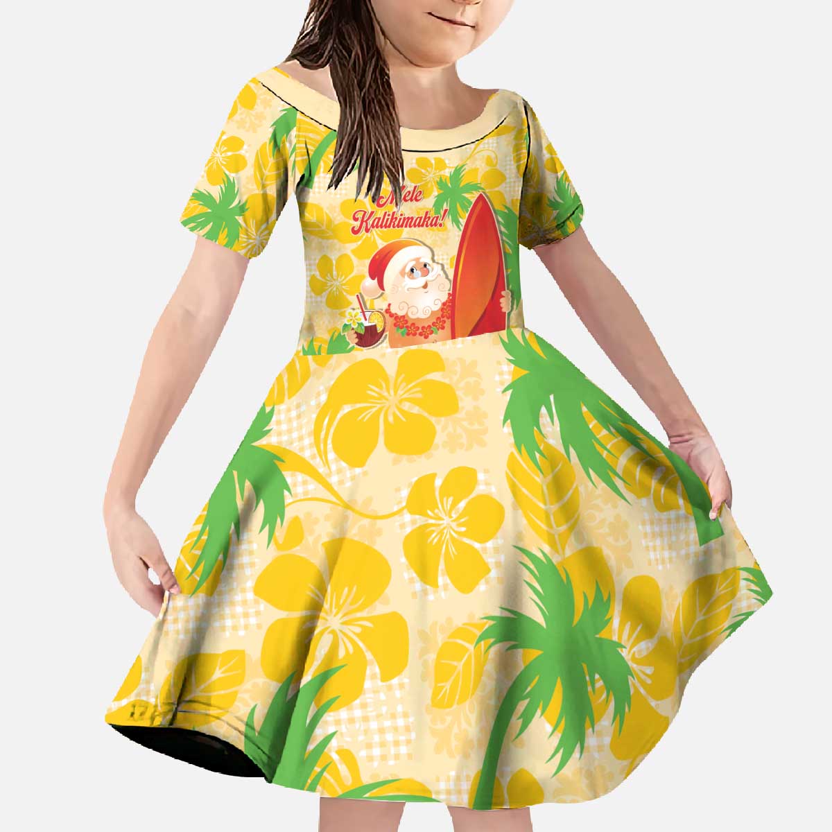 Aloha Hawaii Christmas Family Matching Off The Shoulder Long Sleeve Dress and Hawaiian Shirt Mele Kalikimaka Funny Santa Palaka Quilt Motifs LT14 Daughter's Dress Yellow - Polynesian Pride
