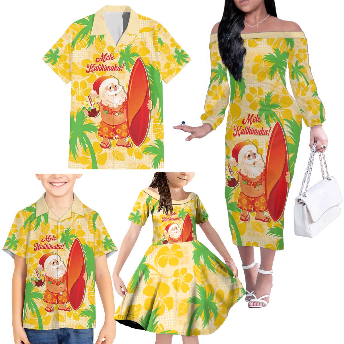 Aloha Hawaii Christmas Family Matching Off The Shoulder Long Sleeve Dress and Hawaiian Shirt Mele Kalikimaka Funny Santa Palaka Quilt Motifs LT14 - Polynesian Pride