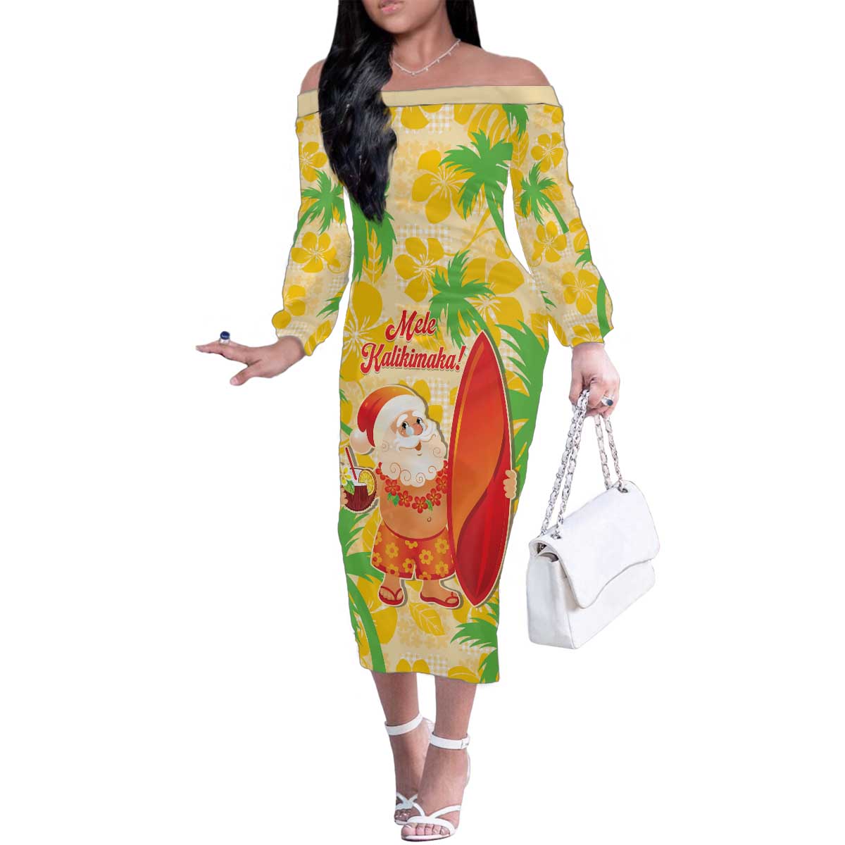 Aloha Hawaii Christmas Family Matching Off The Shoulder Long Sleeve Dress and Hawaiian Shirt Mele Kalikimaka Funny Santa Palaka Quilt Motifs LT14 Mom's Dress Yellow - Polynesian Pride