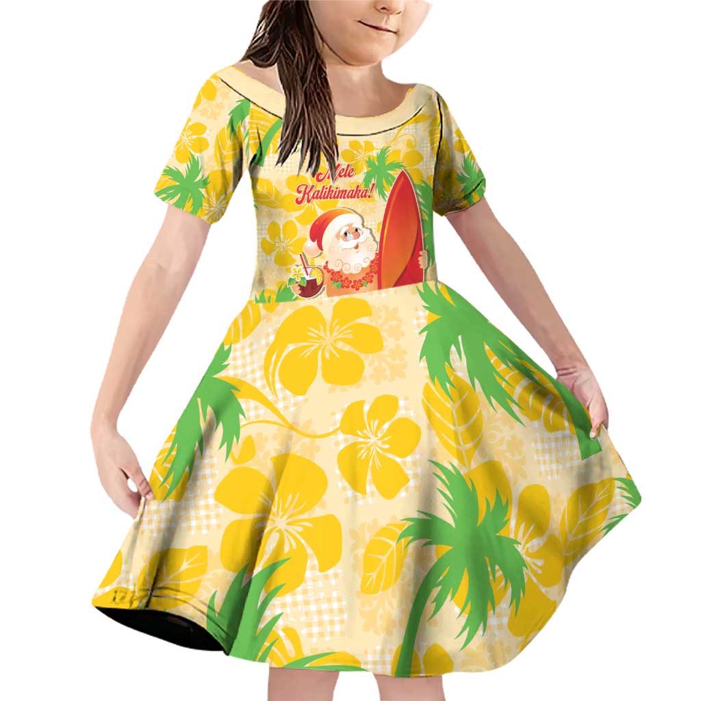 Aloha Hawaii Christmas Family Matching Off Shoulder Short Dress and Hawaiian Shirt Mele Kalikimaka Funny Santa Palaka Quilt Motifs LT14 Daughter's Dress Yellow - Polynesian Pride