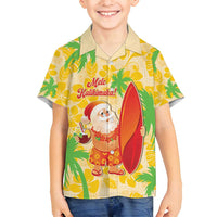Aloha Hawaii Christmas Family Matching Off Shoulder Short Dress and Hawaiian Shirt Mele Kalikimaka Funny Santa Palaka Quilt Motifs LT14 Son's Shirt Yellow - Polynesian Pride