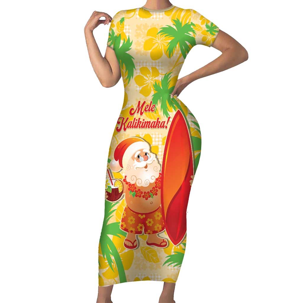 Aloha Hawaii Christmas Family Matching Short Sleeve Bodycon Dress and Hawaiian Shirt Mele Kalikimaka Funny Santa Palaka Quilt Motifs LT14 Mom's Dress Yellow - Polynesian Pride