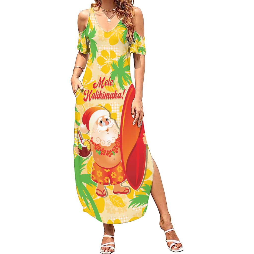 Aloha Hawaii Christmas Family Matching Summer Maxi Dress and Hawaiian Shirt Mele Kalikimaka Funny Santa Palaka Quilt Motifs LT14 Mom's Dress Yellow - Polynesian Pride