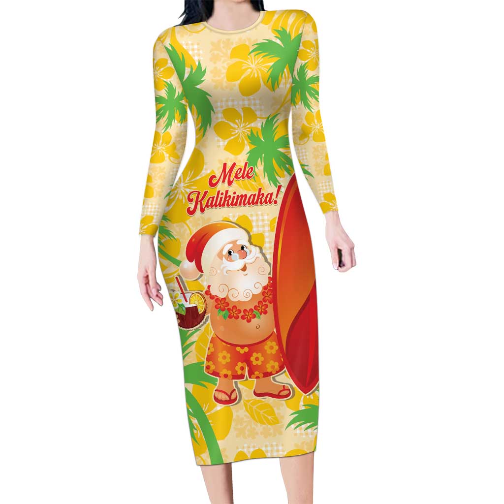 Aloha Hawaii Christmas Long Sleeve Bodycon Dress Mele Kalikimaka Funny Santa Palaka Quilt Motifs LT14 Long Dress Yellow - Polynesian Pride