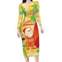 Aloha Hawaii Christmas Long Sleeve Bodycon Dress Mele Kalikimaka Funny Santa Palaka Quilt Motifs LT14 Long Dress Yellow - Polynesian Pride