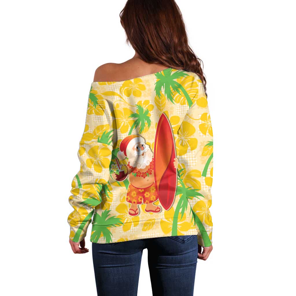 Aloha Hawaii Christmas Off Shoulder Sweater Mele Kalikimaka Funny Santa Palaka Quilt Motifs - Polynesian Pride