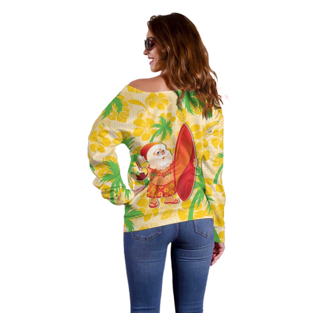 Aloha Hawaii Christmas Off Shoulder Sweater Mele Kalikimaka Funny Santa Palaka Quilt Motifs - Polynesian Pride