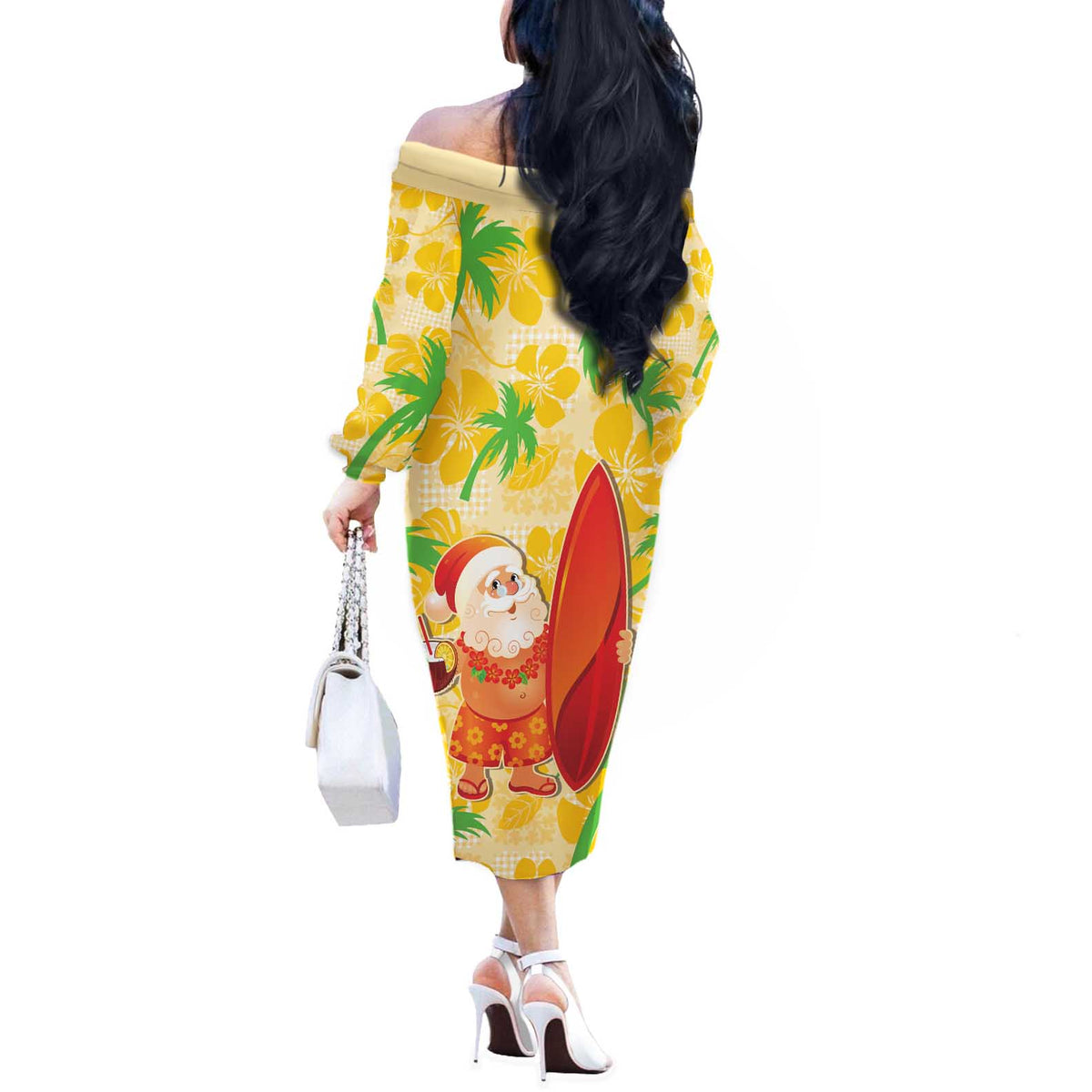 Aloha Hawaii Christmas Off The Shoulder Long Sleeve Dress Mele Kalikimaka Funny Santa Palaka Quilt Motifs LT14 - Polynesian Pride